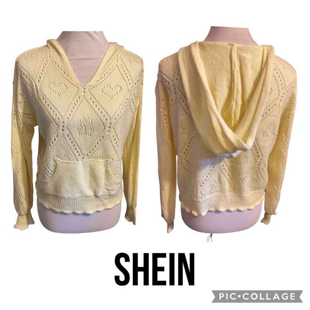 SHEIN Yellow Crochet Hooded Sweater Size Medium-NWOT